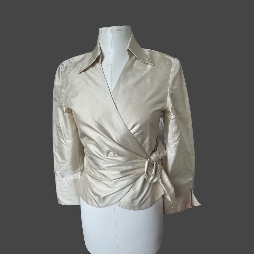 Marisa Baratelli Thai Silk Wrap Blouse Small Ivory Satin Tie Front Women's Small